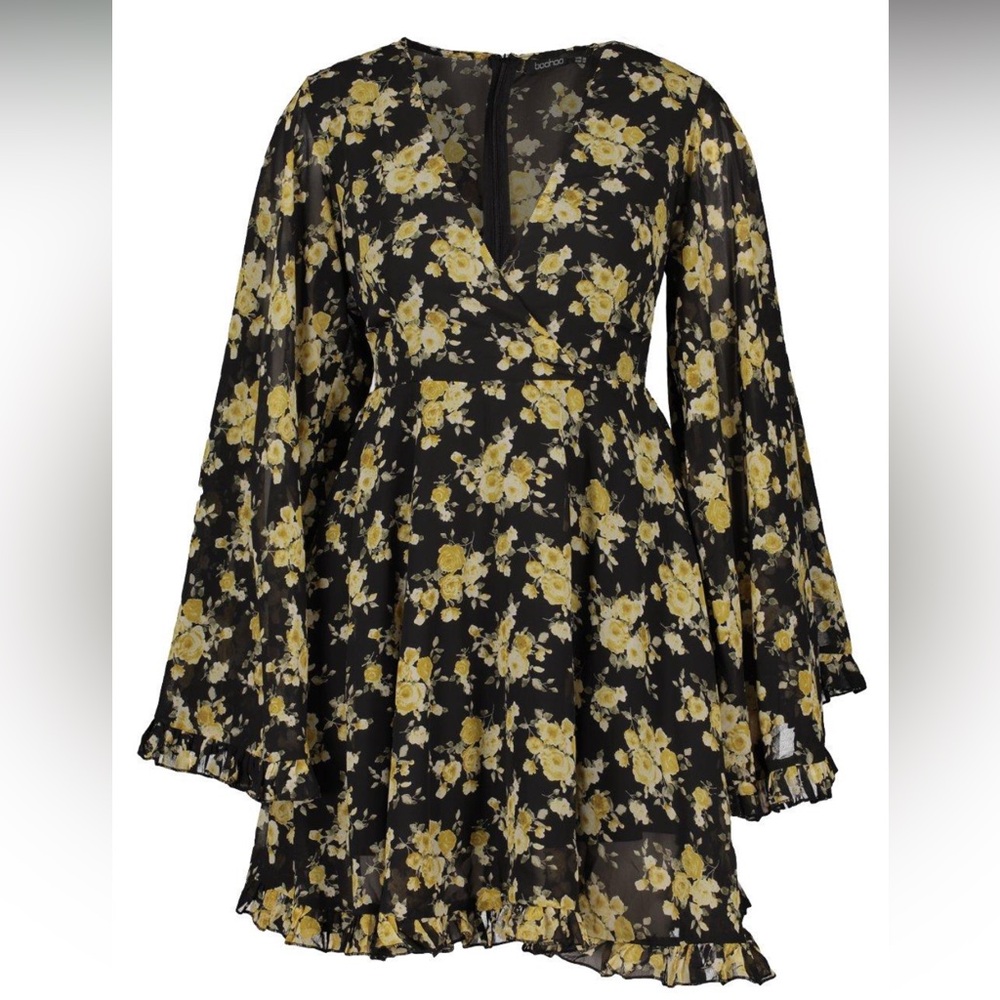 Boohoo Plus Black and Yellow Floral Wide Sleeve Skater Dress Size 16 - Picture 7 of 10